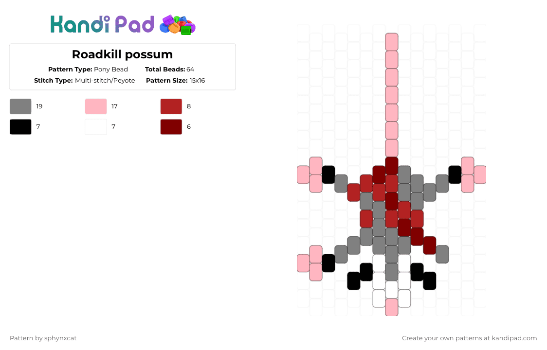 Roadkill possum - Pony Bead Pattern by sphynxcat on Kandi Pad - pink,gray