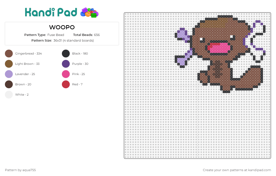WOOPO - Fuse Bead Pattern by aqua755 on Kandi Pad - wooper,pokemon,aquatic,creature,fan art,playful,brown,purple