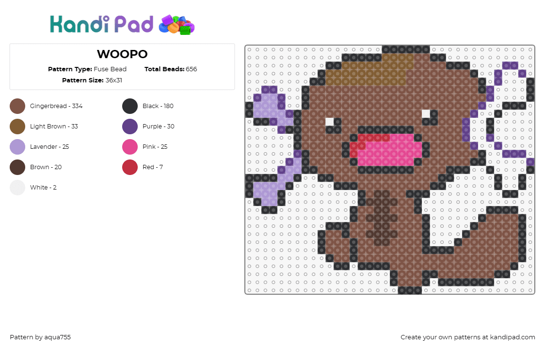 WOOPO - Fuse Bead Pattern by aqua755 on Kandi Pad - wooper,pokemon,aquatic,creature,playful,brown,purple