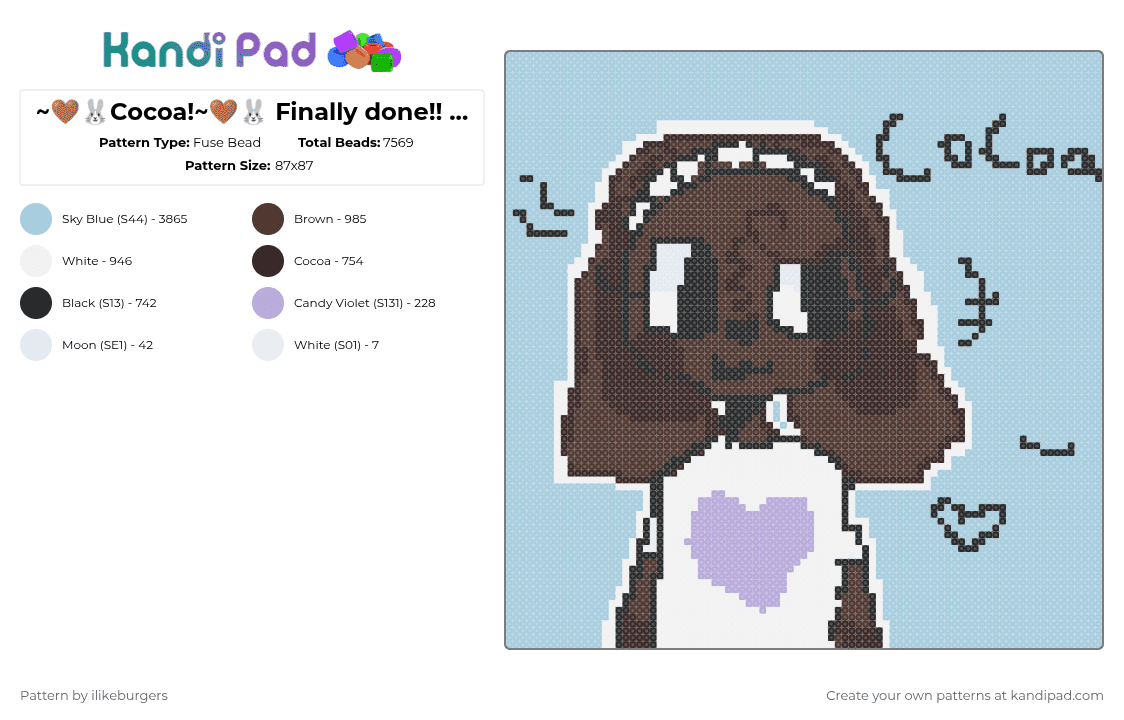 ~🤎🐰Cocoa!~🤎🐰 Finally done!! Hope you like it :3 (TYSM for 18 followers!!) - Fuse Bead Pattern by ilikeburgers on Kandi Pad - light blue
