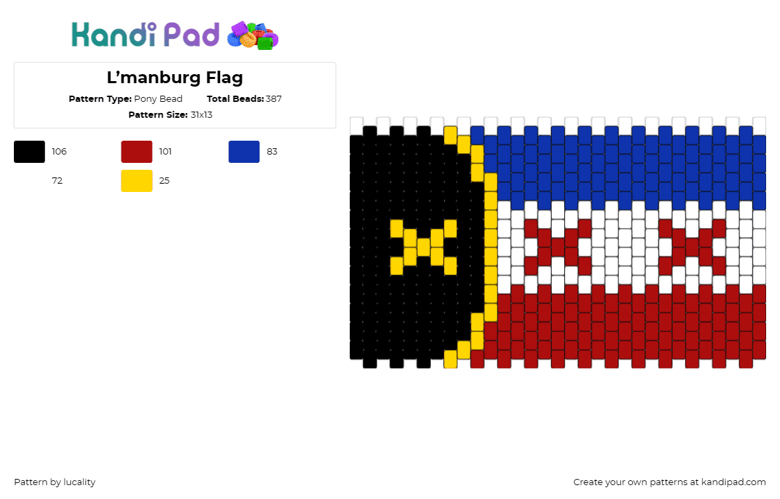 L’manburg Flag - Pony Bead Pattern by lucality on Kandi Pad - lmanburg,minecraft,flag,video game,community,black,red,blue,white