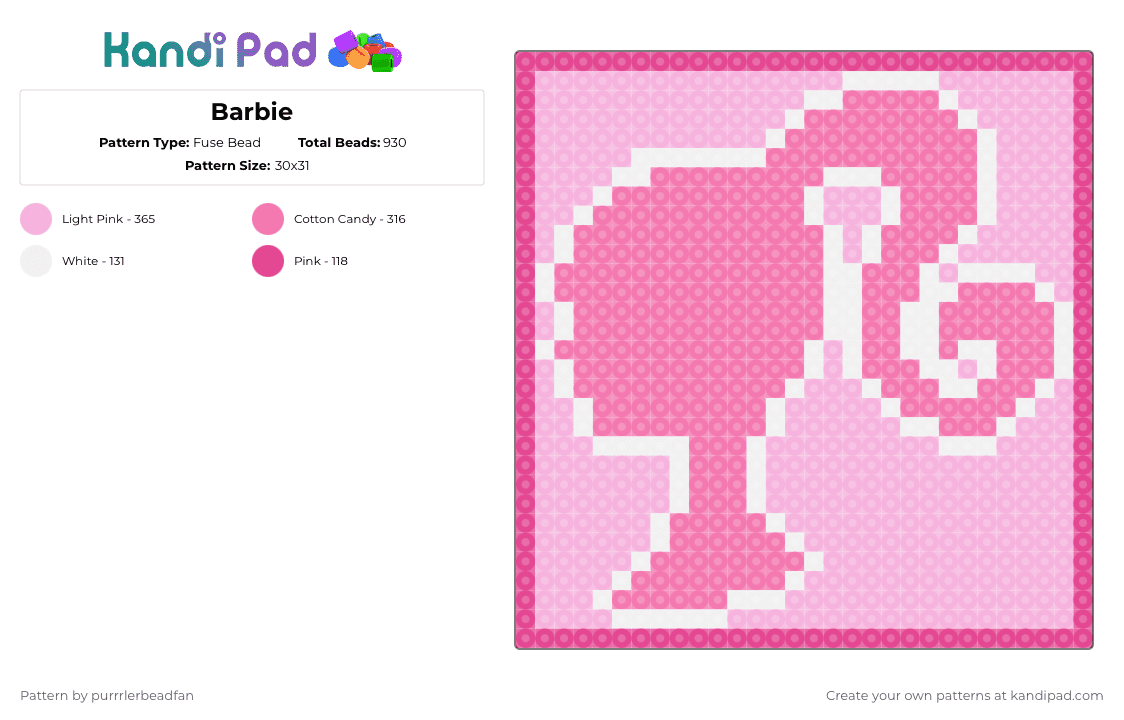 Barbie - Fuse Bead Pattern by perlypop on Kandi Pad - pink
