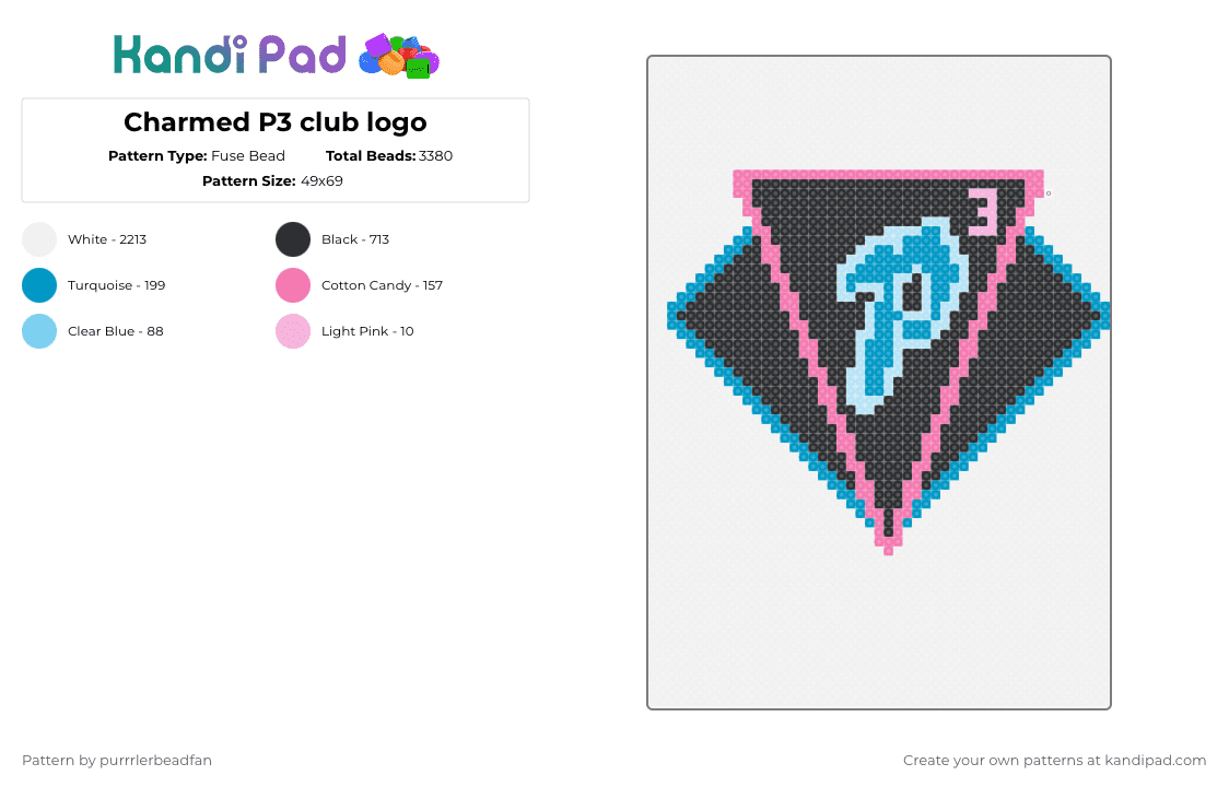 Charmed P3 club logo - Fuse Bead Pattern by perlypop on Kandi Pad - white,pink,light blue