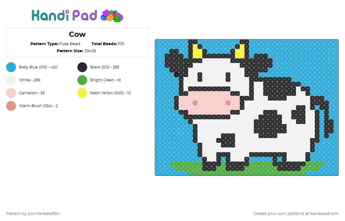 Cow - Fuse Bead Pattern by perlypop on Kandi Pad - animal,cow,farm