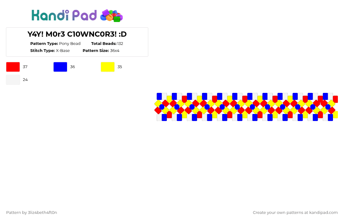 Y4Y! M0r3 C10WNC0R3! :D - Pony Bead Pattern by s1n0buk0ch0 on Kandi Pad - purple,red,yellow