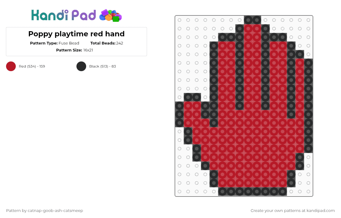 Poppy playtime red hand - Fuse Bead Pattern by catnap-goob-ash-catsmeep on Kandi Pad - black,red
