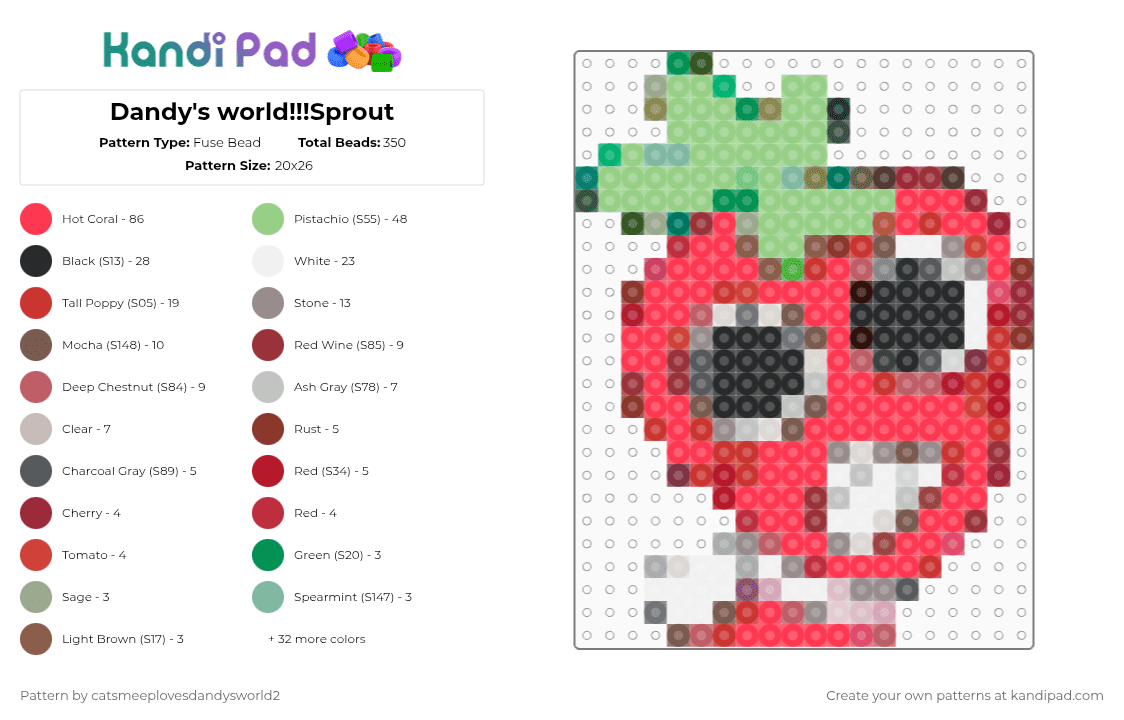 Dandy\'s world!!!Sprout - Fuse Bead Pattern by catnap-goob-ash-catsmeep on Kandi Pad - gray,teal,red