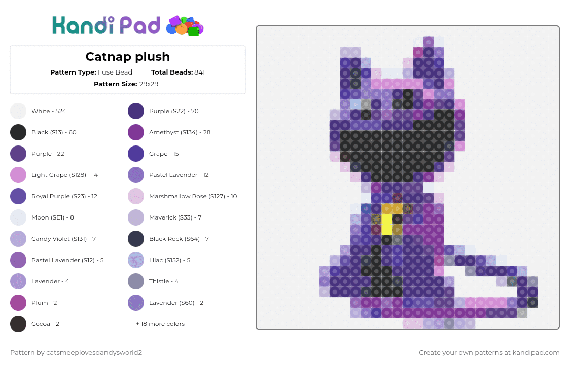 Catnap plush - Fuse Bead Pattern by catnap-goob-ash-catsmeep on Kandi Pad - white,pink,purple