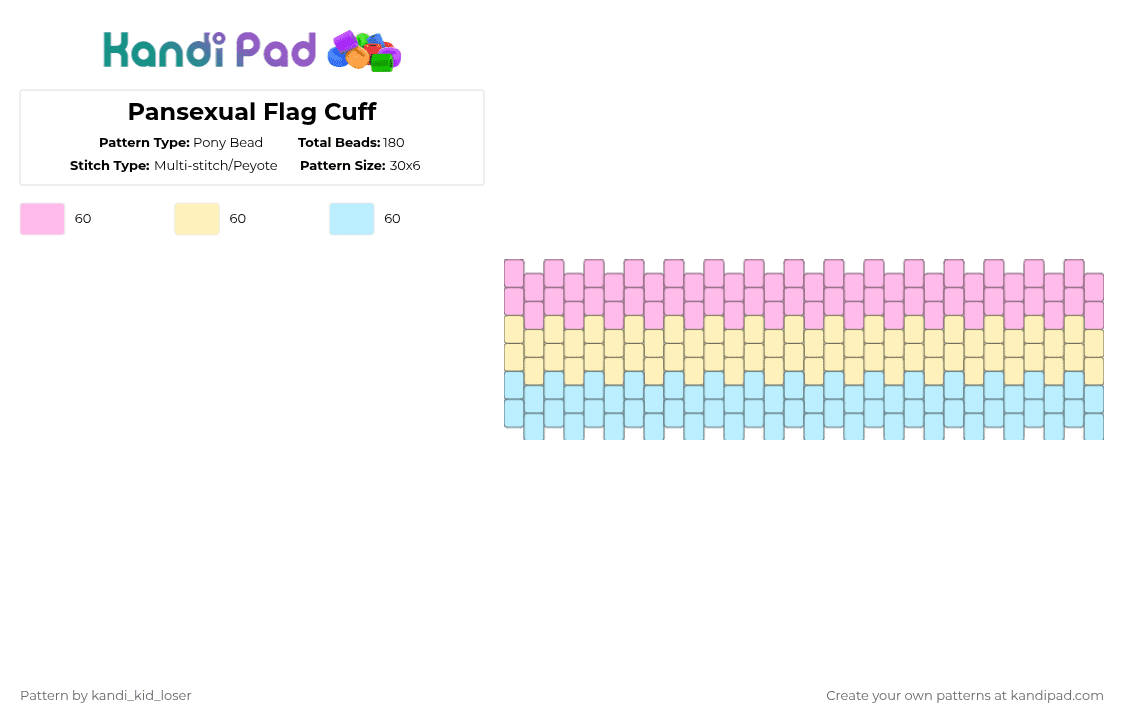Pansexual Flag Cuff - Pony Bead Pattern by kandi_kid_loser on Kandi Pad - pink,yellow,light blue,pansexual,pan,flag cuff,lgbt,kandi kid loser