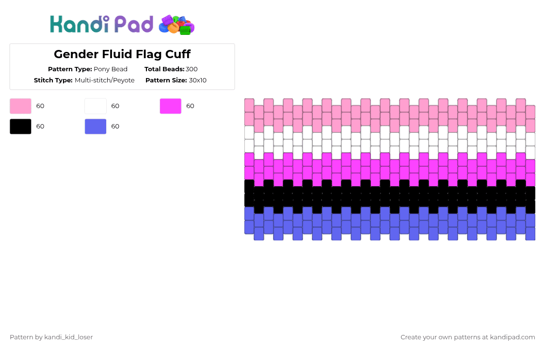 Gender Fluid Flag Cuff - Pony Bead Pattern by kandi_kid_loser on Kandi Pad - pink,blue,kandi kid loser,genderfluid,flag cuff,genderfluid cuff,cuff,lgbtqia,lgbt,lgbtqia cuff