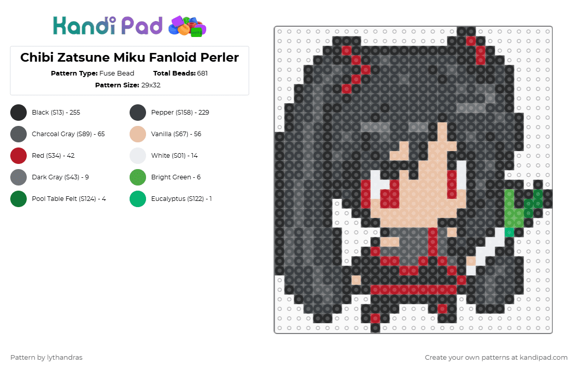 Chibi Zatsune Miku Fanloid Perler - Fuse Bead Pattern by lythandras on Kandi Pad - black,beige,gray,vocaloid,music