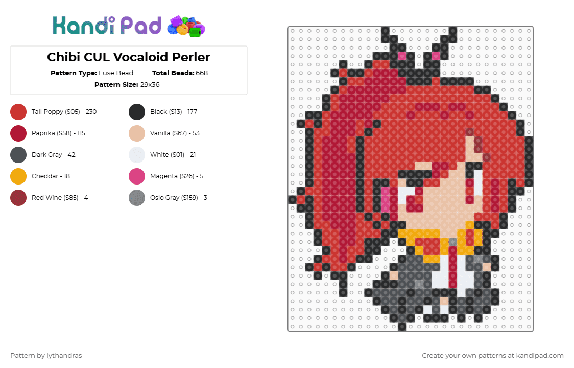 Chibi CUL Vocaloid Perler - Fuse Bead Pattern by lythandras on Kandi Pad - vocaloid,music