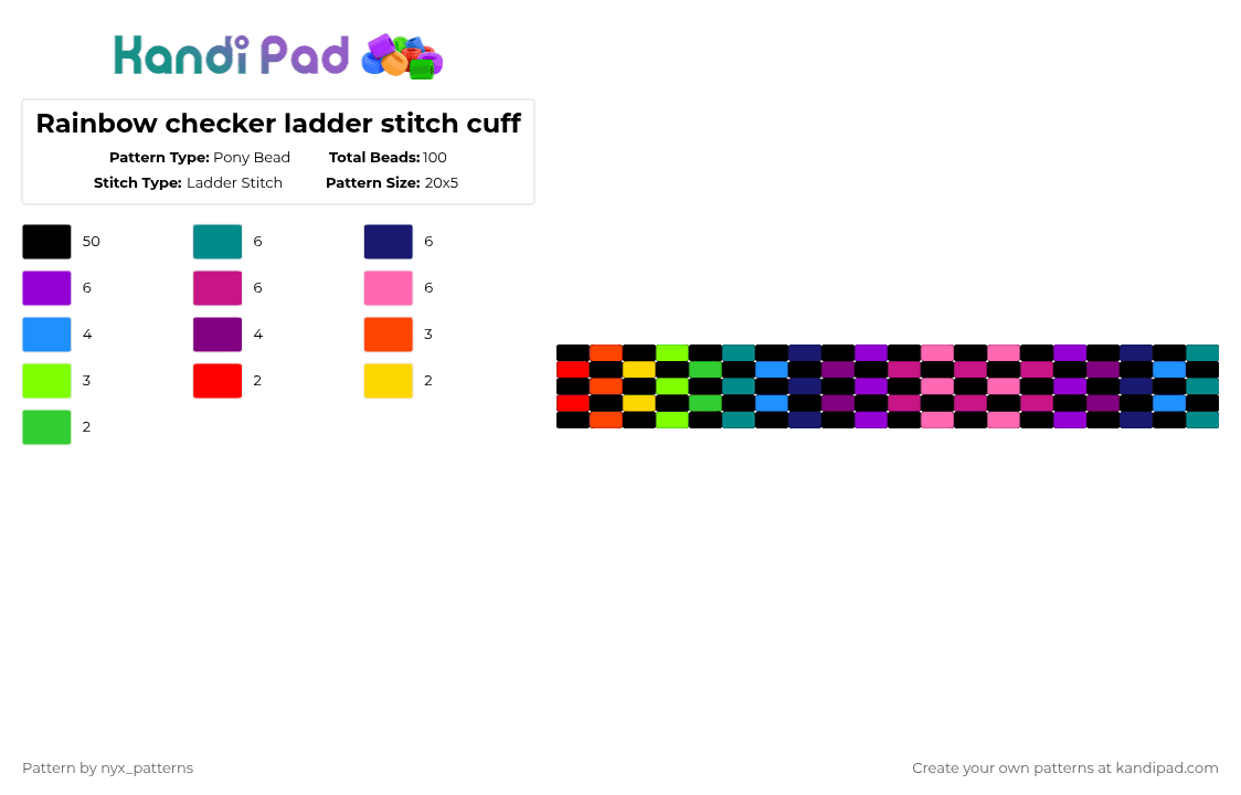 Rainbow checker ladder stitch cuff - Pony Bead Pattern by nyx_patterns on Kandi Pad - black,purple,pink,rainbow,cuff,ladder stitch,checker,red,green,blue