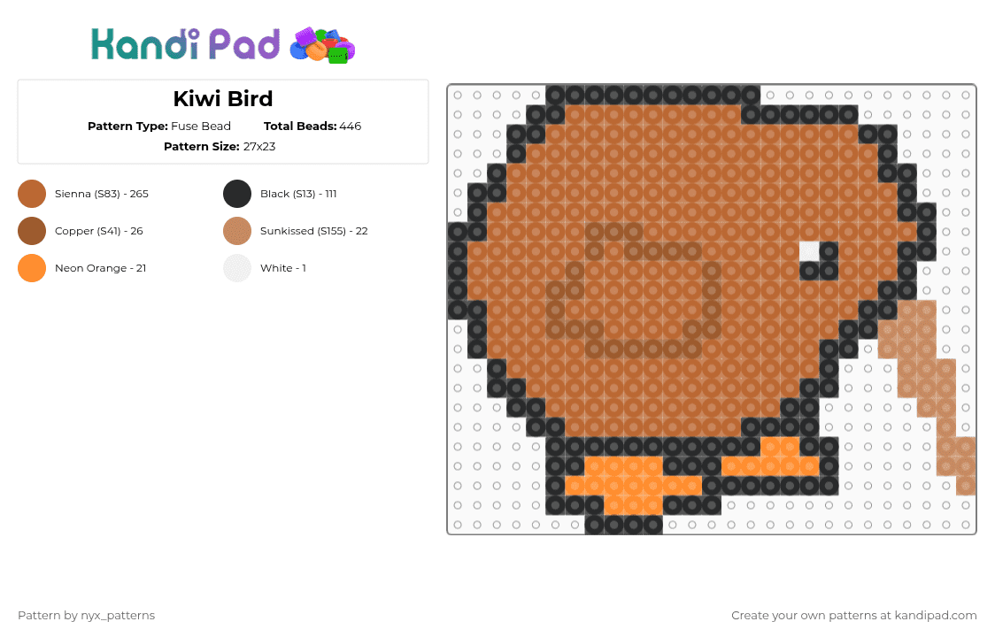 Kiwi Bird - Fuse Bead Pattern by nyx_patterns on Kandi Pad - kiwi bird,bird,bird small,brown bird,kiwi bird small