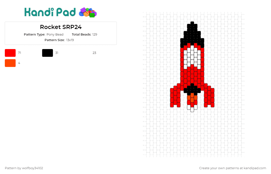 Rocket SRP24 - Pony Bead Pattern by wolfboy34102 on Kandi Pad - rocket,space ship,embark,cosmic,journey,thrill,exploration,red