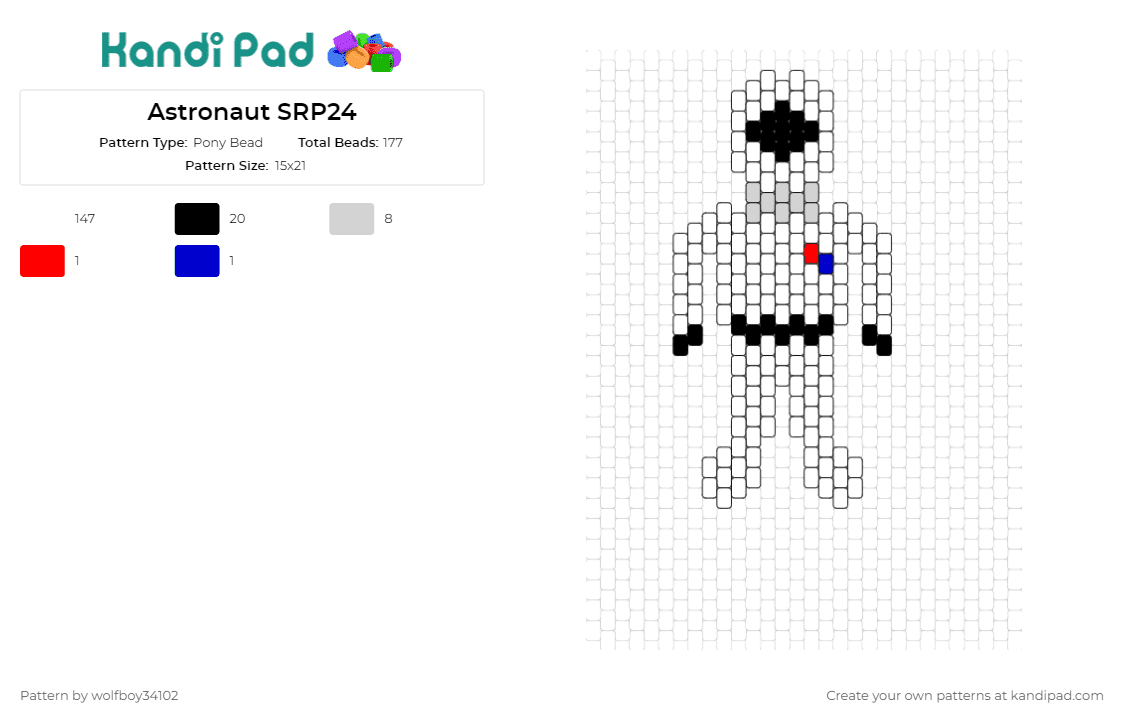Astronaut SRP24 - Pony Bead Pattern by wolfboy34102 on Kandi Pad - astronaut,space,suit,exploration,sci-fi,adventure,white,black,blue,red