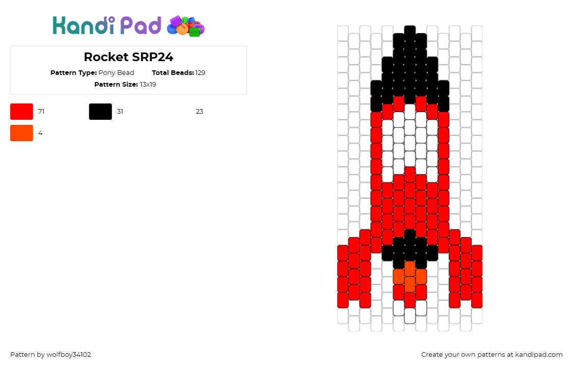 Rocket SRP24 - Pony Bead Pattern by wolfboy34102 on Kandi Pad - rocket,space ship,embark,cosmic,journey,thrill,exploration,red