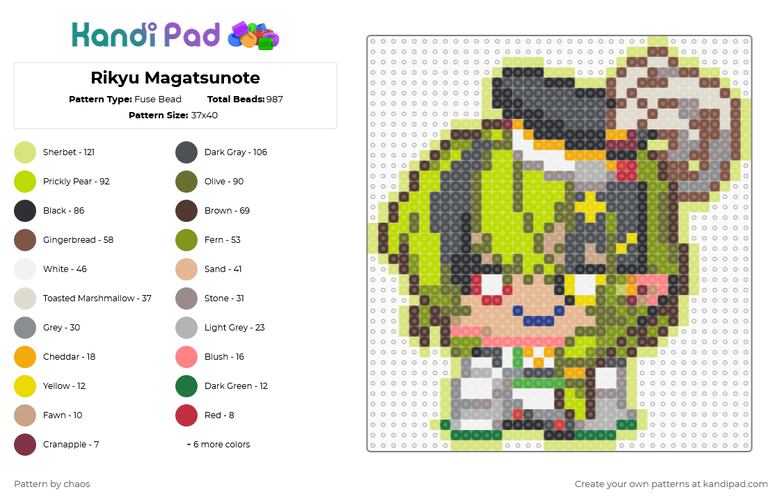 Rikyu Magatsunote - Fuse Bead Pattern by chaos on Kandi Pad - gold,beige,yellow,brown,colorful,character,magatsunote,music,anime