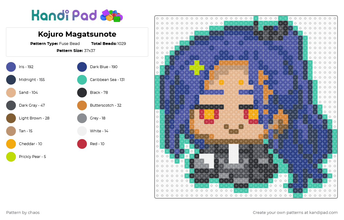 Kojuro Magatsunote - Fuse Bead Pattern by chaos on Kandi Pad - teal,purple,blue,beige,magatsunote,character,music,anime