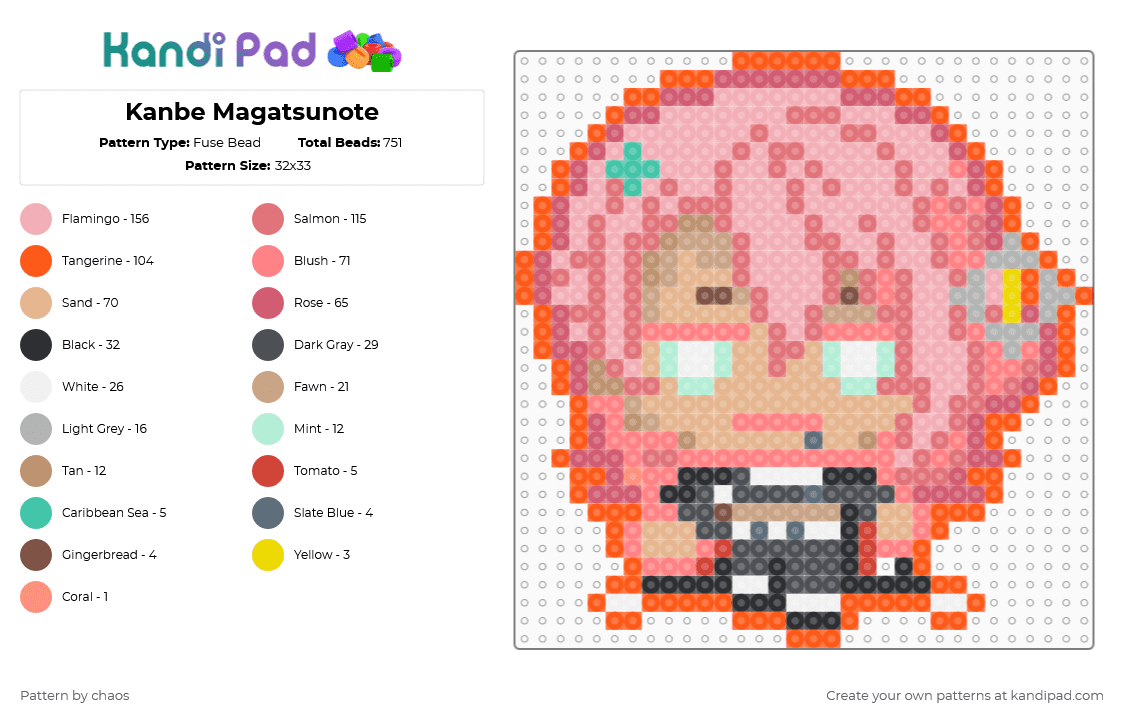 Kanbe Magatsunote - Fuse Bead Pattern by chaos on Kandi Pad - orange,red,beige,magatsunote,character,anime,music
