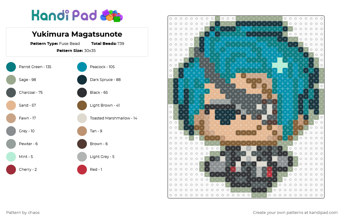 Yukimura Magatsunote - Fuse Bead Pattern by chaos on Kandi Pad - gray,teal,pink,beige,magatsunote,anime,music