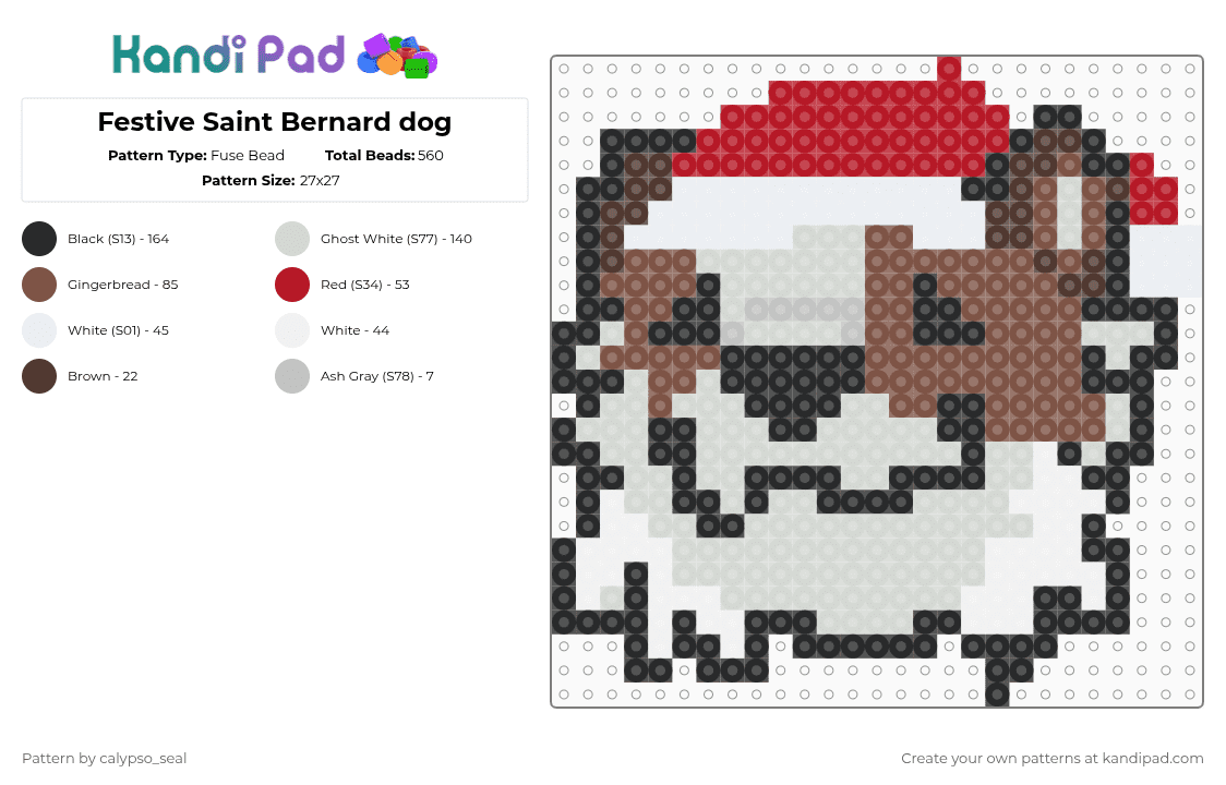 Festive Saint Bernard dog - Fuse Bead Pattern by calypso_seal on Kandi Pad - white,red,tan