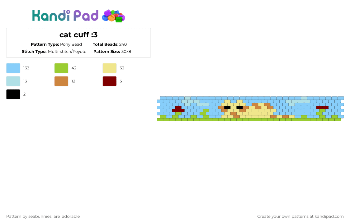 cat cuff :3 - Pony Bead Pattern by seabunnies_are_adorable on Kandi Pad - light blue