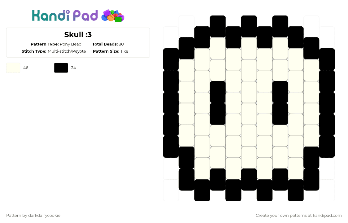 Skull :3 - Pony Bead Pattern by darkdairycookie on Kandi Pad - black,white