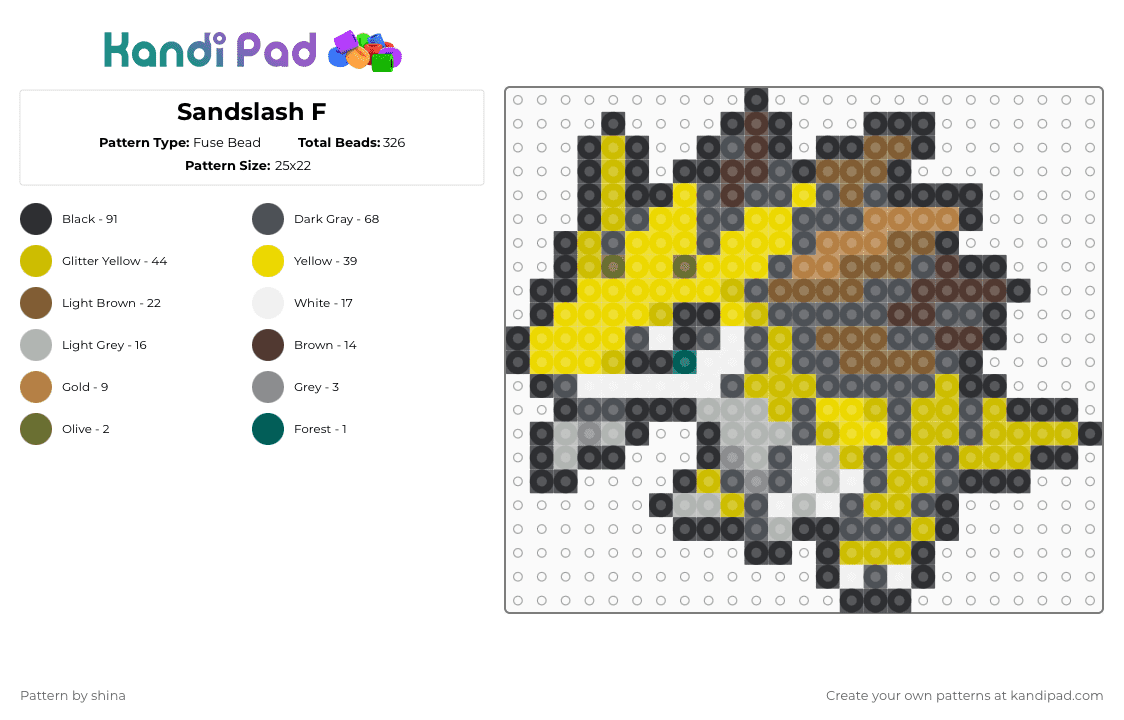 Sandslash F - Fuse Bead Pattern by shina on Kandi Pad - gray,yellow