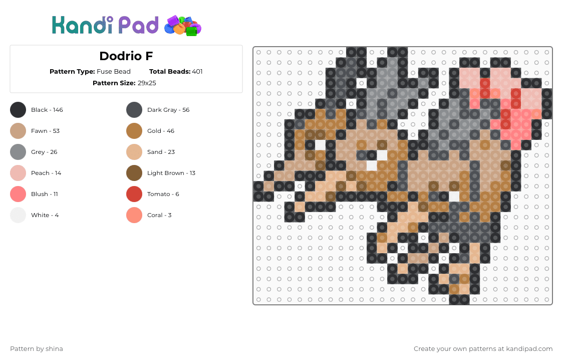 Dodrio F - Fuse Bead Pattern by shina on Kandi Pad - gray,beige,tan