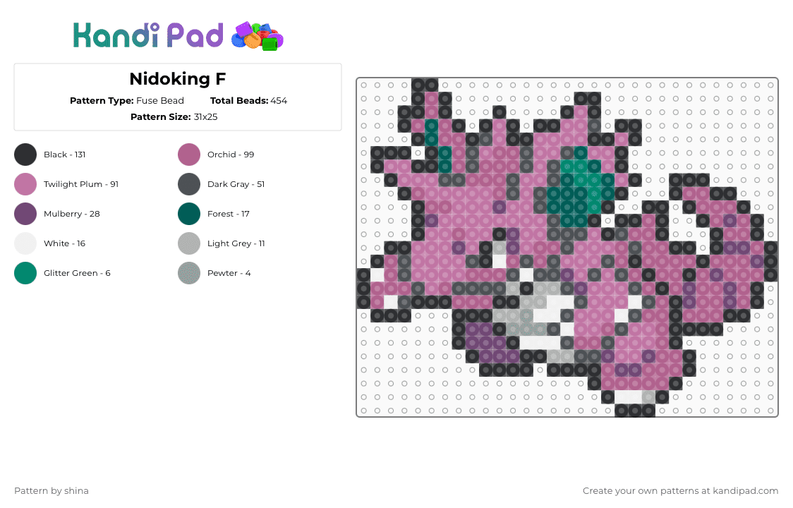 Nidoking F - Fuse Bead Pattern by shina on Kandi Pad - pink