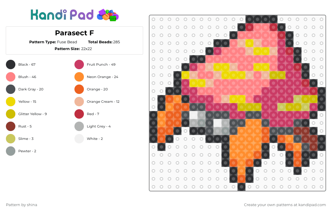 Parasect F - Fuse Bead Pattern by shina on Kandi Pad - red,orange,pink