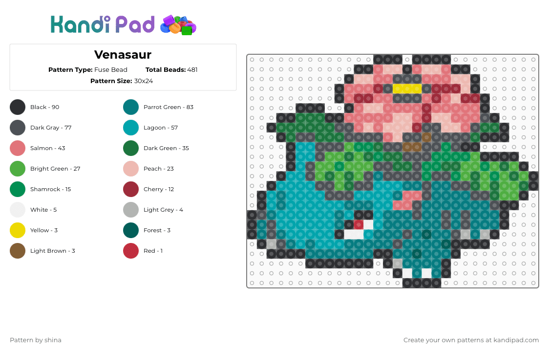 Venasaur - Fuse Bead Pattern by shina on Kandi Pad - gray,red,teal,green