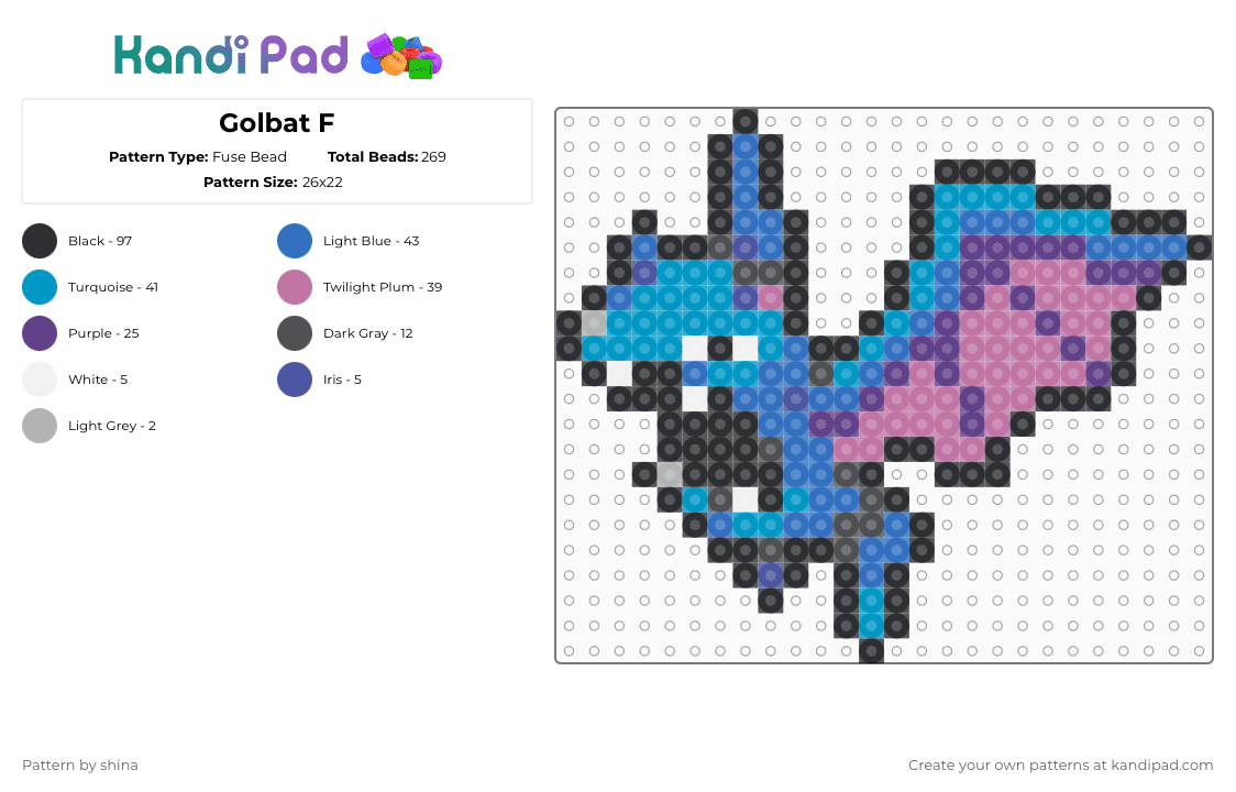 Golbat F - Fuse Bead Pattern by shina on Kandi Pad - purple,pink,light blue,blue