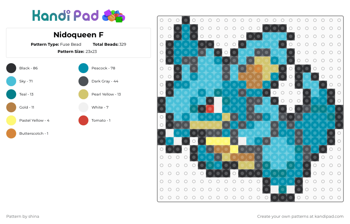 Nidoqueen F - Fuse Bead Pattern by shina on Kandi Pad - gray,light blue,teal