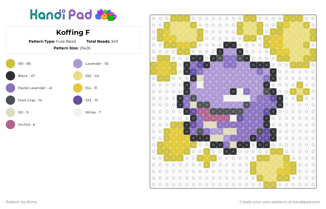 Koffing F - Fuse Bead Pattern by shina on Kandi Pad - pink, yellow