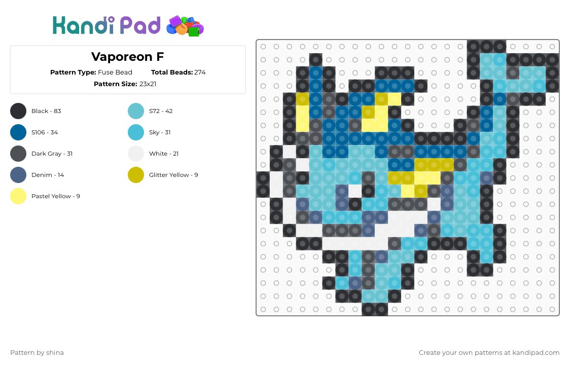 Vaporeon F - Fuse Bead Pattern by shina on Kandi Pad - light blue,blue