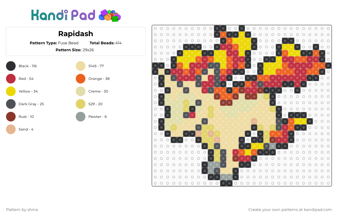 Rapidash - Fuse Bead Pattern by shina on Kandi Pad - beige,yellow,red