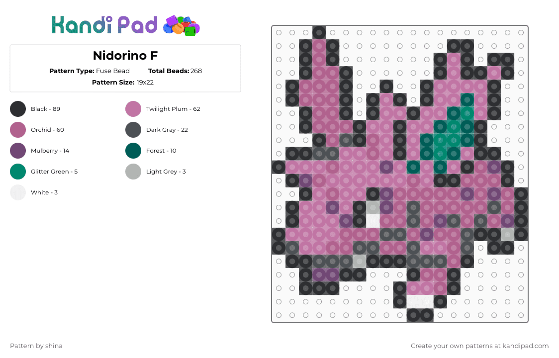 Nidorino F - Fuse Bead Pattern by shina on Kandi Pad - pink