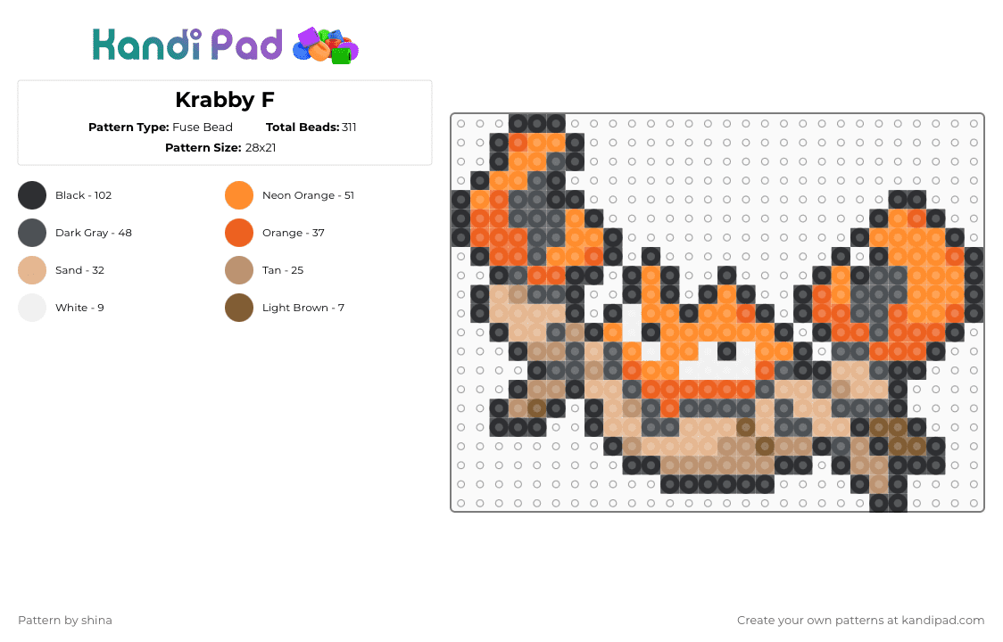 Krabby F - Fuse Bead Pattern by shina on Kandi Pad - gray,beige,orange