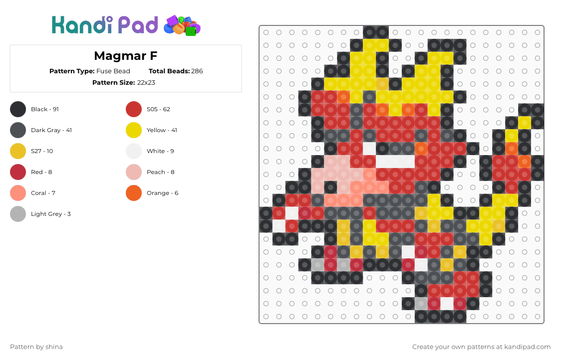 Magmar F - Fuse Bead Pattern by shina on Kandi Pad - gray,red,yellow