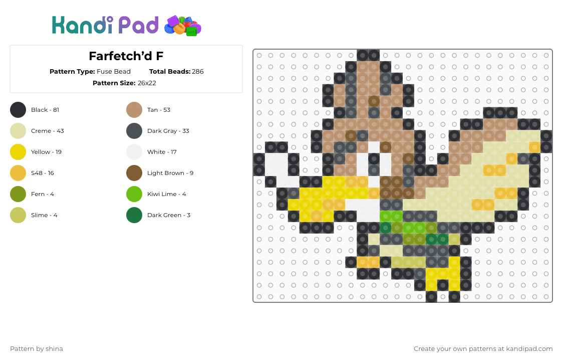 Farfetch’d F - Fuse Bead Pattern by shina on Kandi Pad - gray,yellow,beige