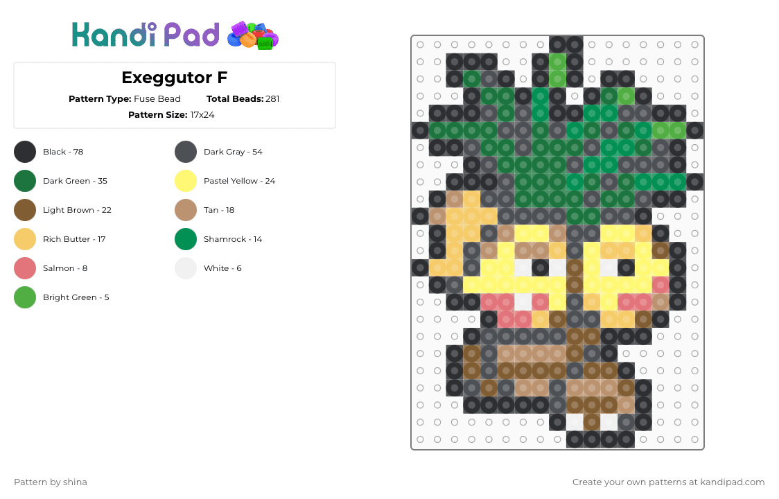 Exeggutor F - Fuse Bead Pattern by shina on Kandi Pad - gray,green,yellow