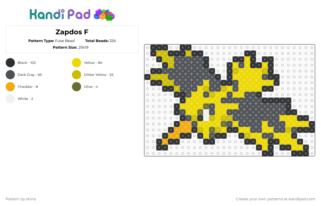 Zapdos F - Fuse Bead Pattern by shina on Kandi Pad - gray,yellow