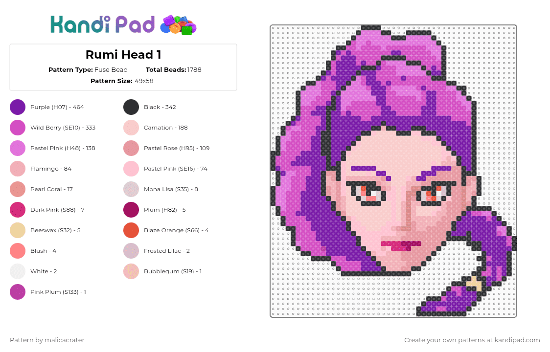 Rumi Head 1 - Fuse Bead Pattern by malicacrater on Kandi Pad - 