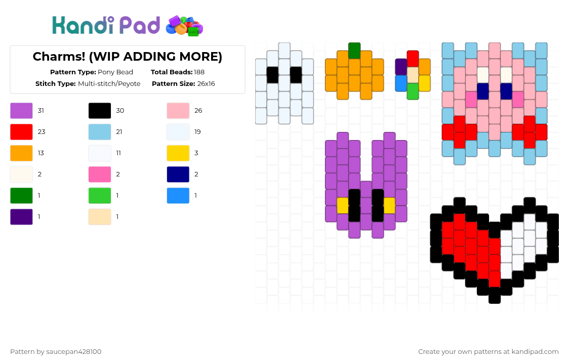 Charms! (WIP ADDING MORE) - Pony Bead Pattern by saucepan428100 on Kandi Pad - red,light blue,pink