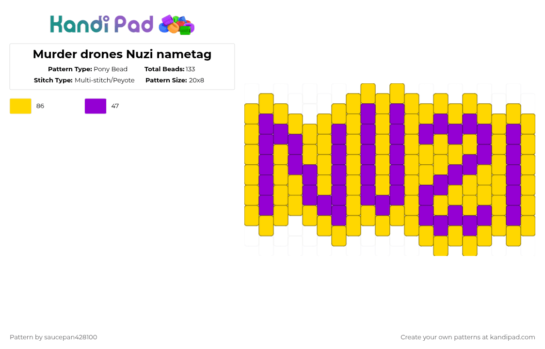 Murder drones Nuzi nametag - Pony Bead Pattern by saucepan428100 on Kandi Pad - purple, yellow