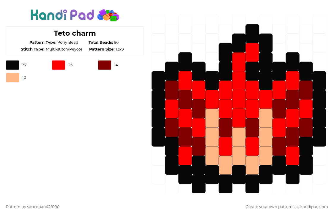 Teto charm - Pony Bead Pattern by saucepan428100 on Kandi Pad - red