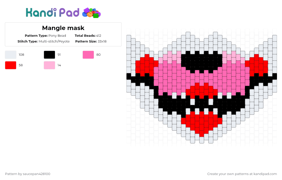Mangle mask - Pony Bead Pattern by saucepan428100 on Kandi Pad - pink,red