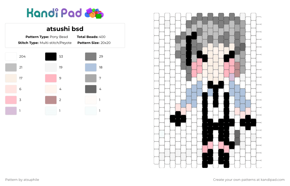 atsushi bsd - Pony Bead Pattern by atsuphile on Kandi Pad - atsushi,bungostraydogs,charm,bsd,bungoustraydogs,atsushinakajima,nakajimaatsushi,flatcharm